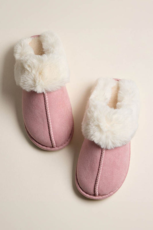 Pink Faux Fur Suede Fuzzy Sherpa Slippers