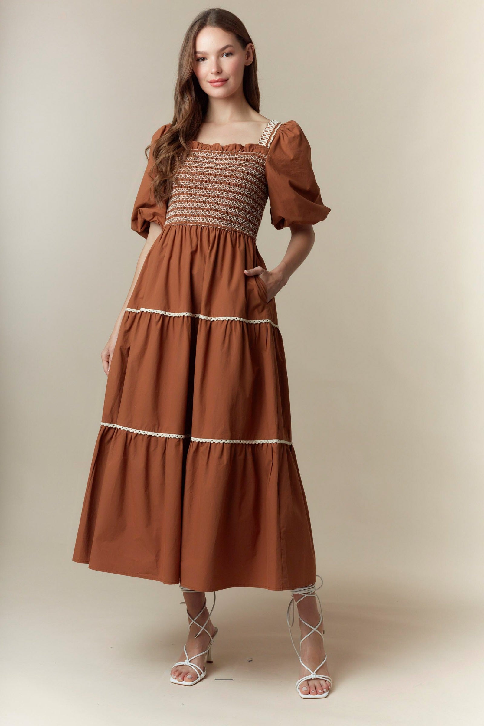Pumpkin Patch Smocked Bubble Sleeve Maxi Dress with puff sleeves, smocked bodice. Available in XS–XL.