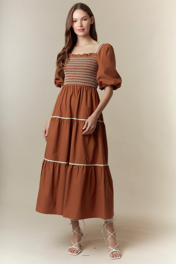 Pumpkin Patch Smocked Bubble Sleeve Maxi Dress with puff sleeves, smocked bodice, white lace trim. Sizes XS-XL.