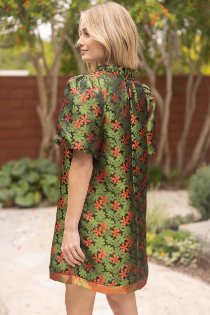 Falling Leaves Floral Jacquard Shift Dress: green and orange floral, short sleeves, ruffled neckline. Available in sizes XS–XL.