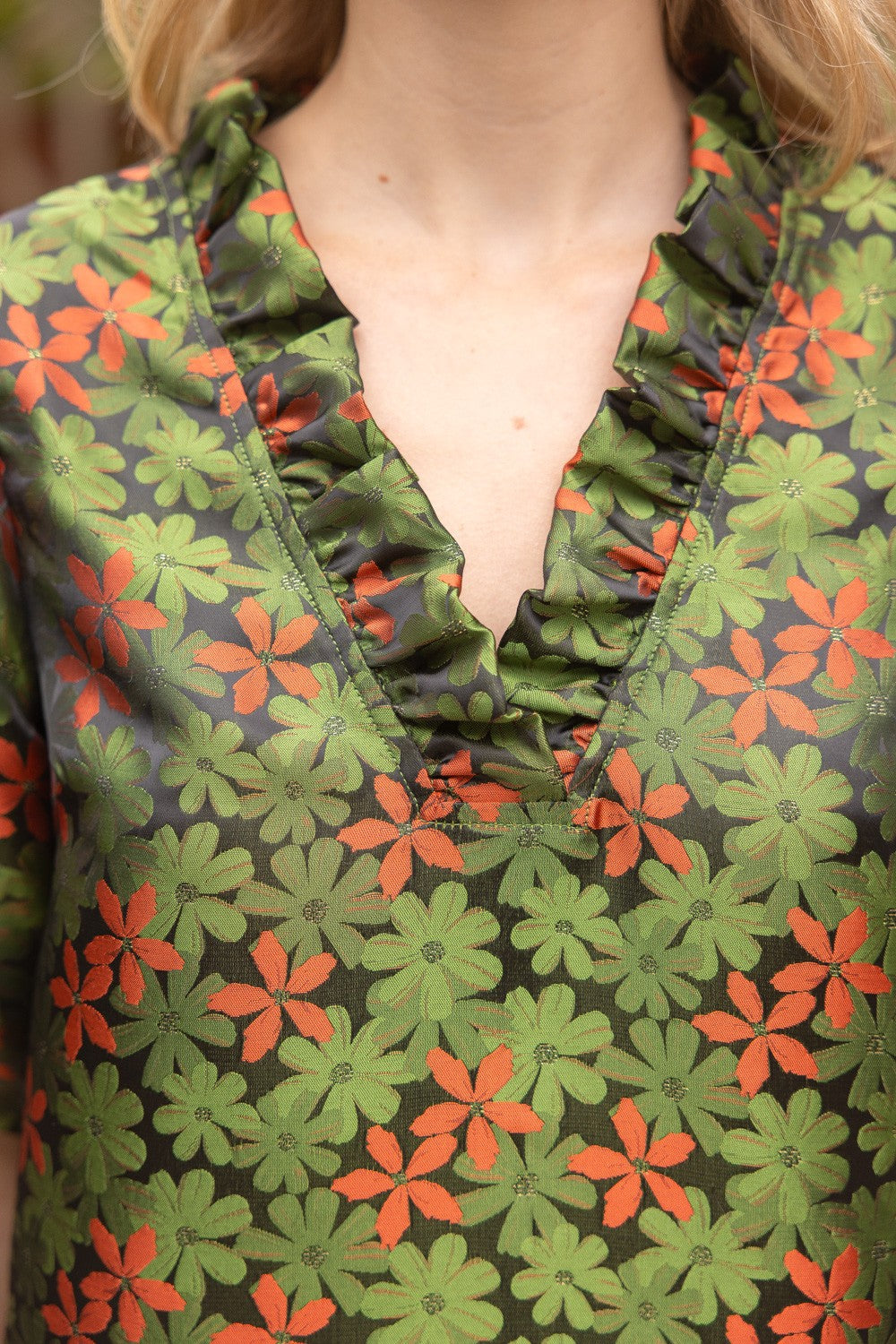 Green Falling Leaves Floral Jacquard Shift Dress with red-green floral pattern, V-neck ruffles. Sizes: XS-XL.