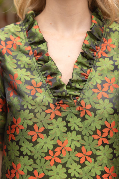 Green Falling Leaves Floral Jacquard Shift Dress with red-green floral pattern, V-neck ruffles. Sizes: XS-XL.