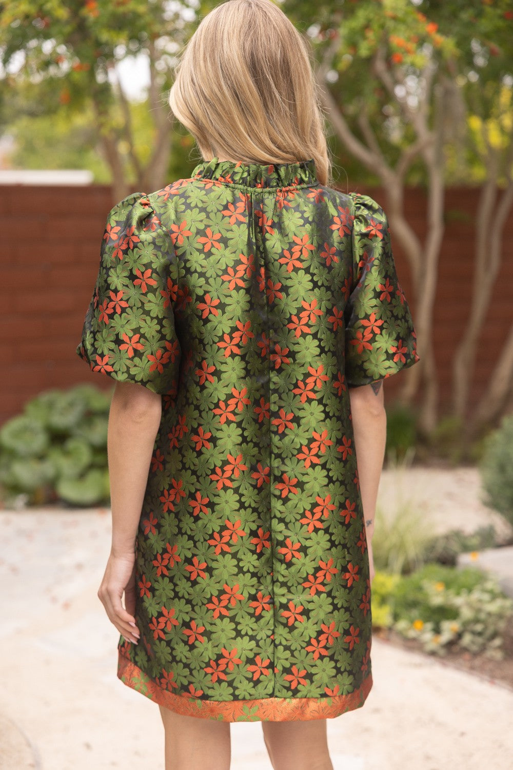 Falling Leaves Floral Jacquard Shift Dress: short, green, orange/red floral pattern, puffed sleeves. Sizes XS-XL.