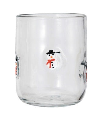 Holiday Icon Glass with raised snowman figures in black hats and red scarves, available in various sizes.