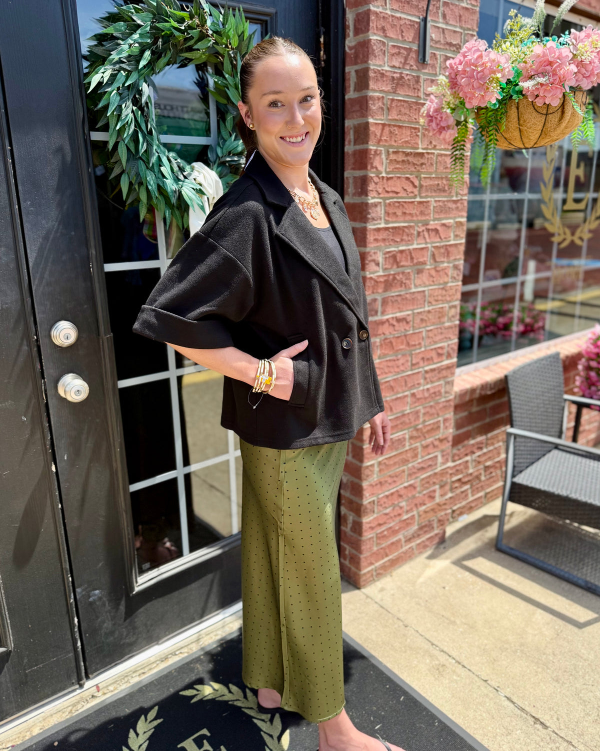 Polka Dot Satin Skirt in green, wide-leg style, available in sizes XS–XL.