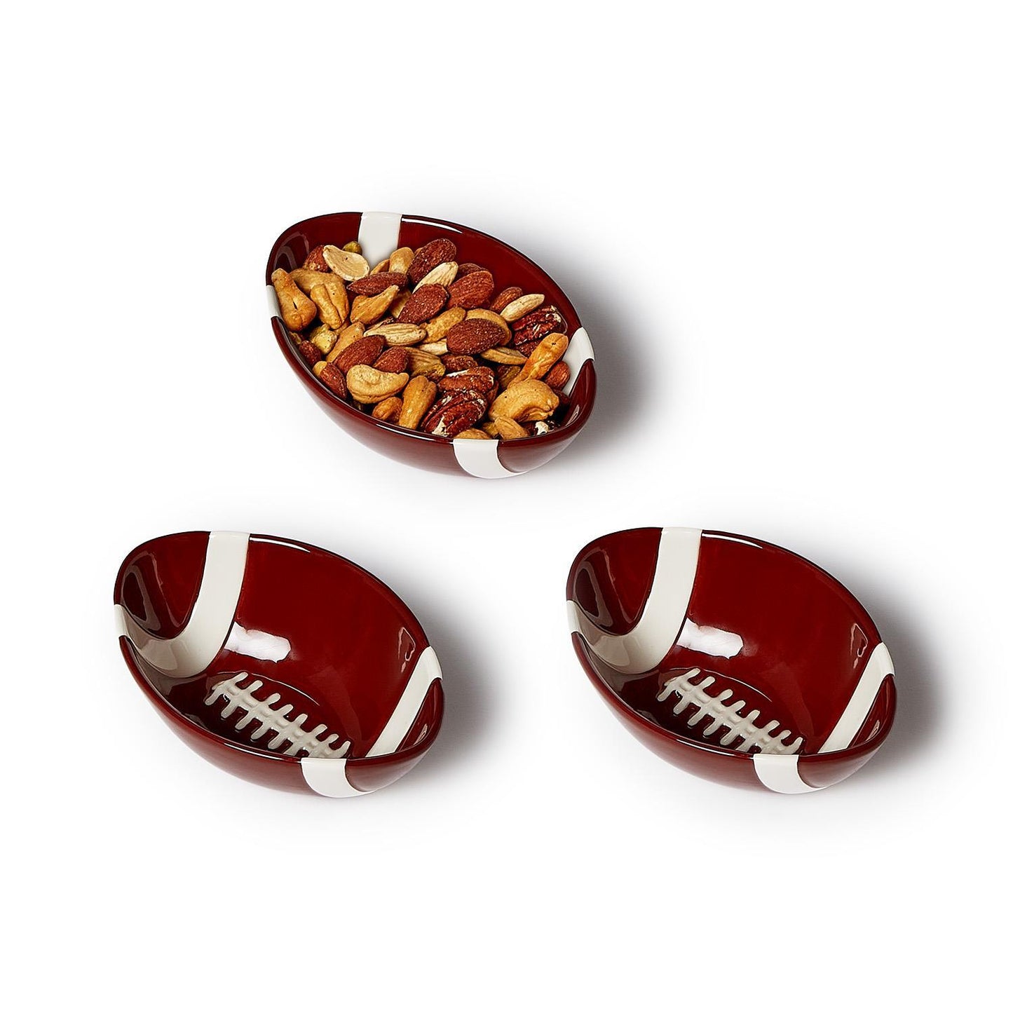 Set of three football-shaped tidbit bowls, hand-painted. Available in small, medium, and large sizes.