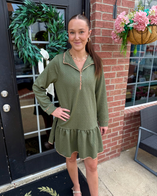 Adriana Olive Dress with a delicate geometric pattern; available in sizes XS–XL.