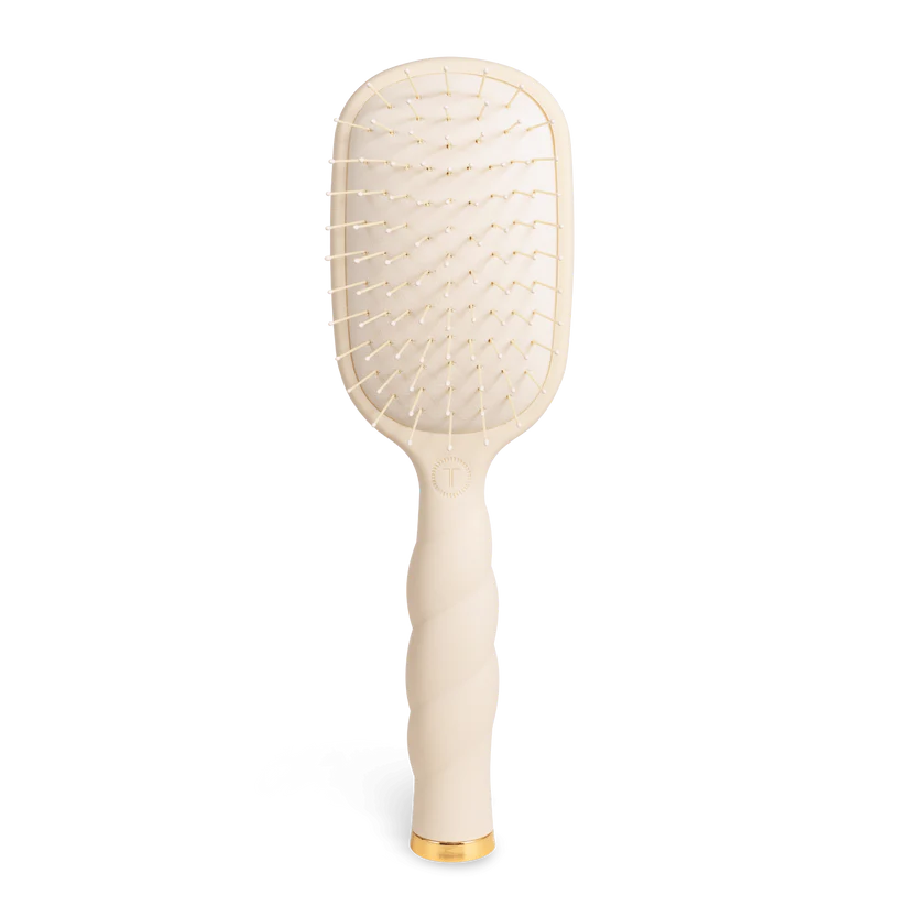 Teleties Hair Brush with beige twisted handle, gold accent, wide head, anti-static bristles. Available in standard and large sizes.