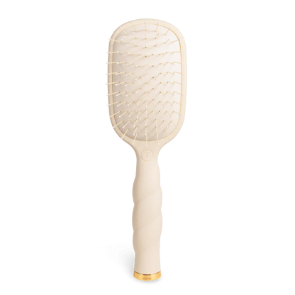 Teleties Hair Brush with beige twisted handle, gold accent, wide head, anti-static bristles. Available in standard and large sizes.