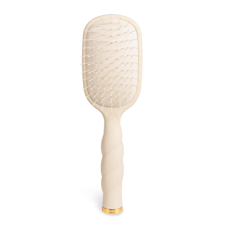Teleties Hair Brush with beige twisted handle, gold accent, wide head, anti-static bristles. Available in standard and large sizes.