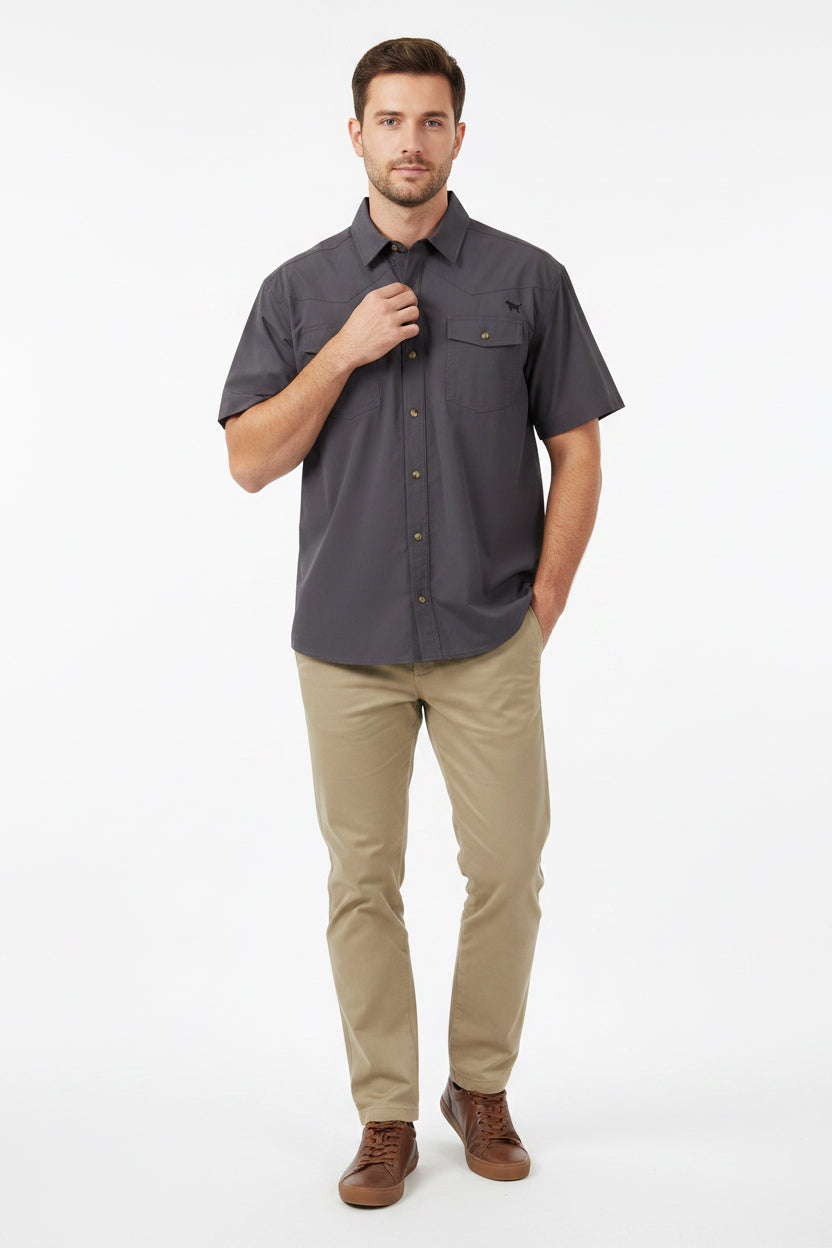 Men’s Gray Quick Dry Shirt—dark gray, lightweight, short sleeves, two chest pockets, classic button-front. Available in sizes S–XXL.