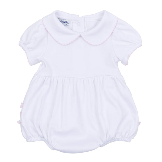 White and pink Pima cotton bubble, short puff sleeves, Peter Pan collar, elastic legs, back buttons. Size: 3 months.