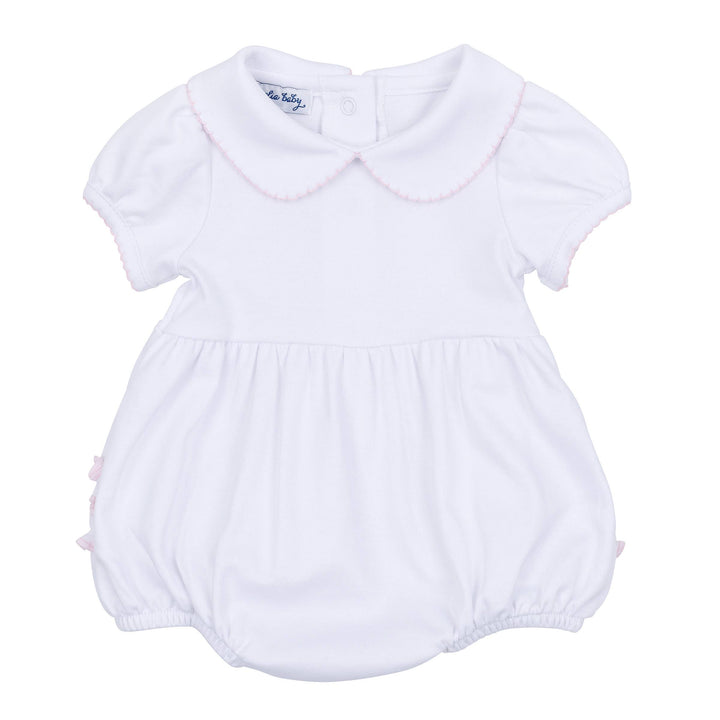 White Pink 6M Pima cotton romper with short sleeves, scalloped pink collar, elastic legs, pleats, back buttons. Embroidery ready.