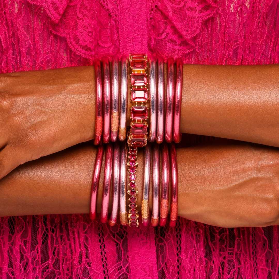 Carousel Pink All Weather Bangles® Set of 4 with Serenity Prayer, available in medium size.