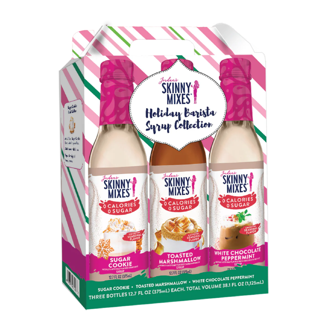 Happy Holidays Syrup Trio gift box with three 12.7-ounce bottles of Sugar Cookie, Toasted Marshmallow, and White Chocolate Peppermint coffee syrup.