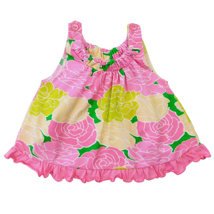 Pink floral sleeveless tank top, Egyptian cotton, ruffled hem, buttons on straps. Sizes: 12M, 18M, 24M, 2T, 3T.