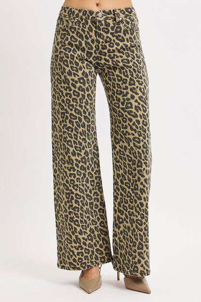 Risen MR Wide Leg Leopard Print Pants in Regular & Plus sizes.