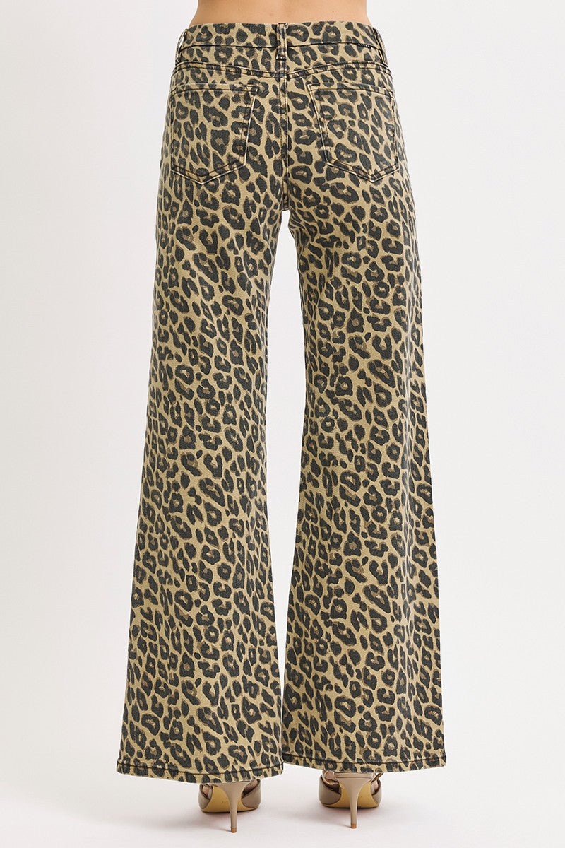 Risen MR Wide Leg Leopard Print Pants in Reg. & Plus sizes; back view highlights wide leg fit and leopard print pattern.