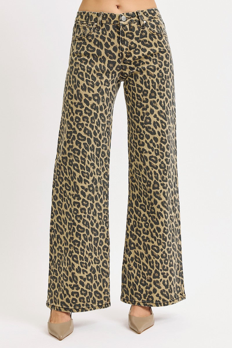 Risen MR Wide Leg Leopard Print Pants in regular and plus sizes. Wide leg fit, leopard print pattern.