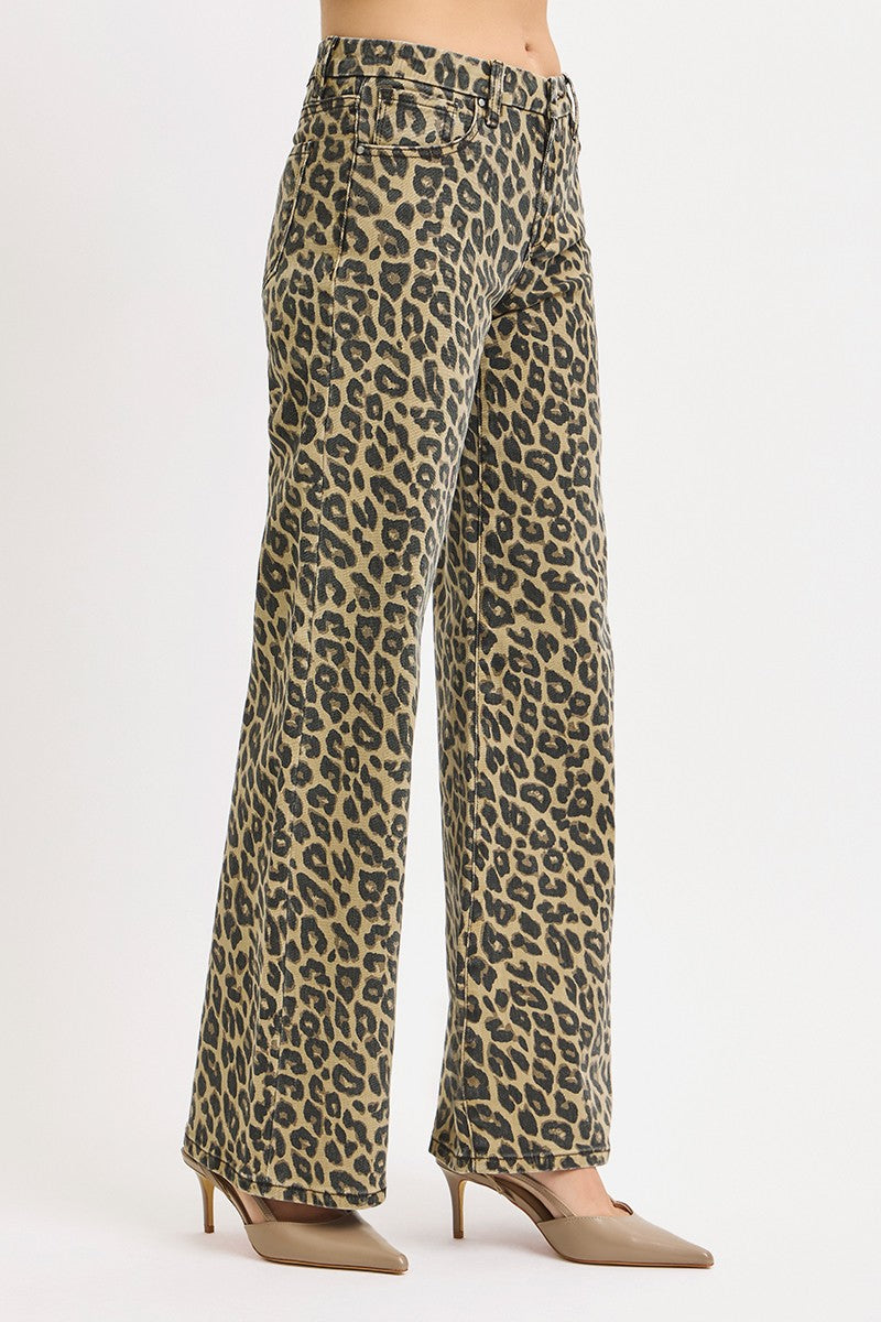 Risen MR Wide Leg Leopard Print Pants, bold and high-waisted. Available in regular and plus sizes.