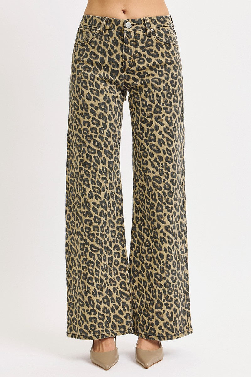 Risen MR Wide Leg Leopard Print Pants, high-waisted, wide-leg fit. Available in plus sizes.