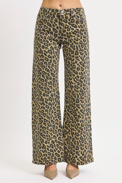 Risen MR Wide Leg Leopard Print Pants, high-waisted, wide-leg fit. Available in plus sizes.