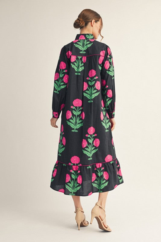 Standing Neckline Floral Midi Dress in black with pink and green floral print, ruffled hem; available in sizes XS-XL.