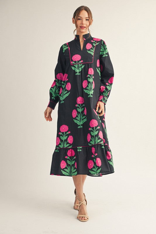 Standing Neckline Floral Midi Dress: long sleeves, pink/green floral print, v-neck, ruffled hem. Available in sizes XS–XL.