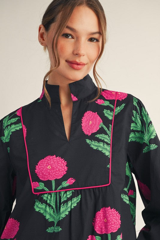 Standing Neckline Floral Midi Dress, dark with bright pink flowers, green leaves, mandarin collar, pink piping; sizes XS-XL.
