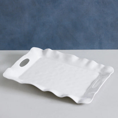 The VIDA Havana Rectangular Tray (White) has wavy edges, oval cut-out handles; available in small, medium, and large sizes.