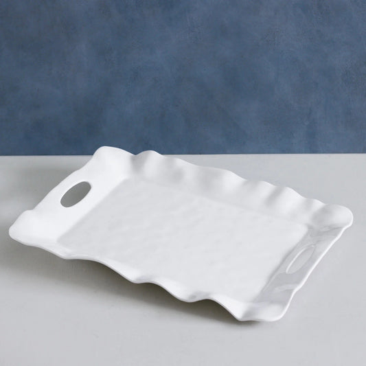 The VIDA Havana Rectangular Tray (White) has wavy edges, oval cut-out handles; available in small, medium, and large sizes.