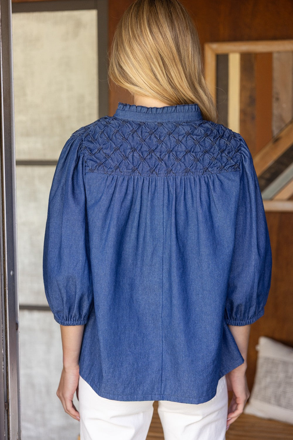 Blue Diamond Textured Yoke Puff Sleeve Top with smocked back, puffy elbow sleeves; sizes XS-XL.