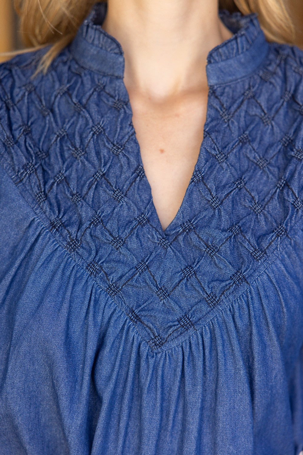 Diamond Textured Yoke Puff Sleeve Top: blue, diamond-stitched yoke, split V neckline. Available in XS–XL.