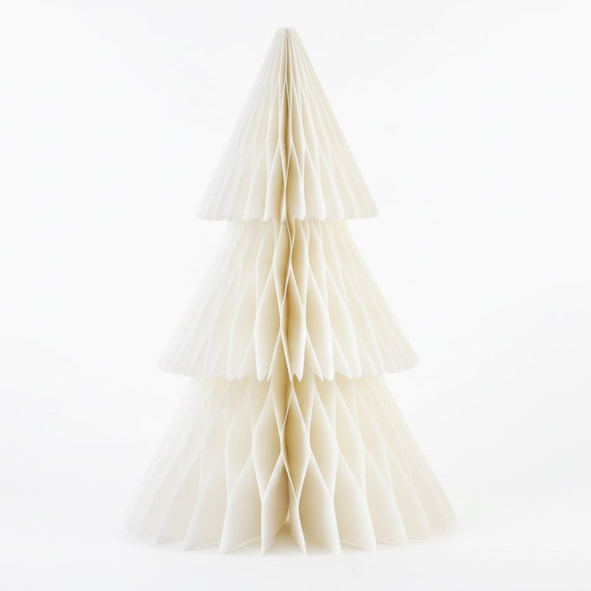 Off-white accordion paper tree with a honeycomb structure.