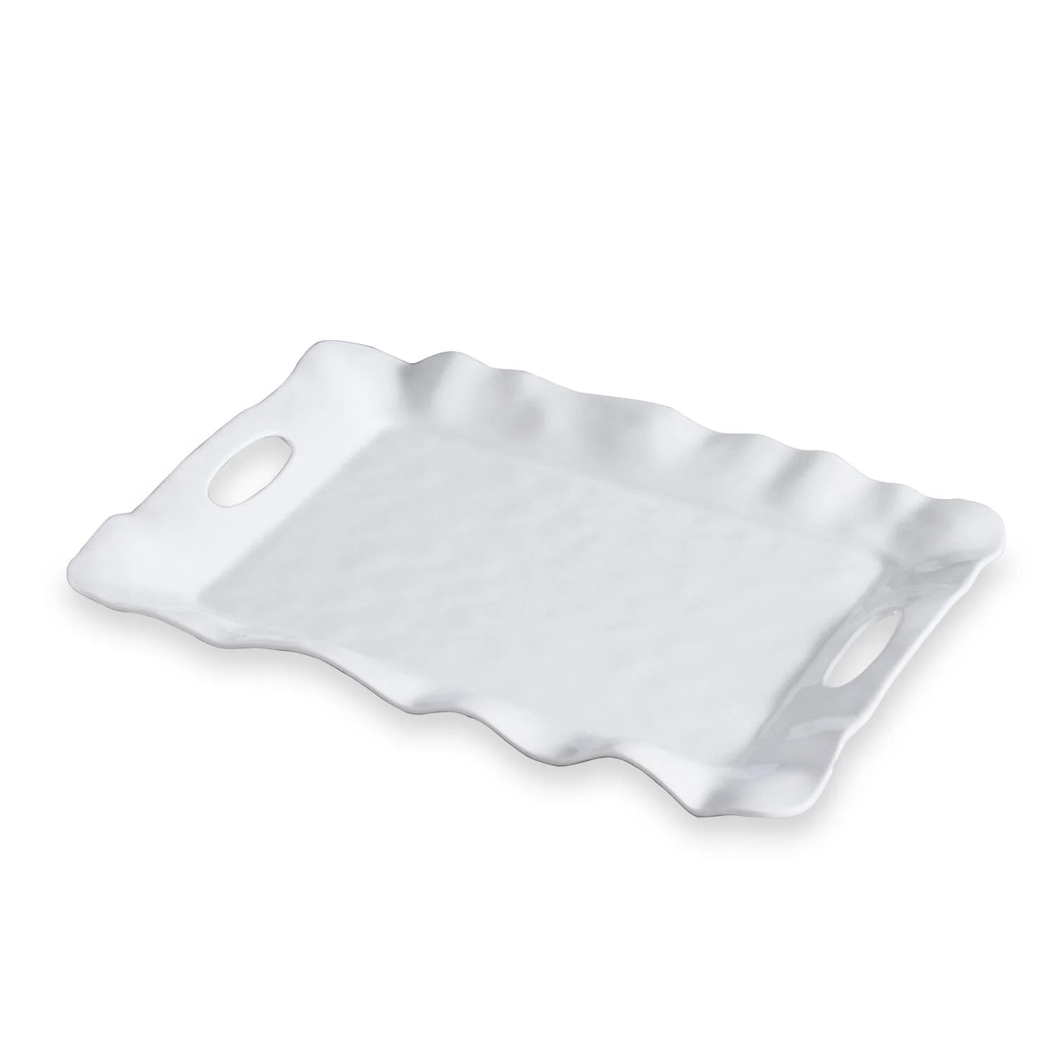 White melamine rectangular tray with wavy edges and two oval cutout handles. Available in multiple sizes.