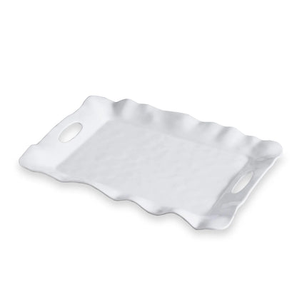White melamine rectangular tray with wavy edges and two oval cutout handles. Available in multiple sizes.