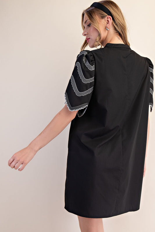 Heidi Balloon Sleeve Dress: little black dress with short balloon sleeves, white scalloped trim. Available in sizes XS-XL.