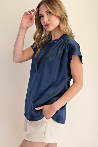 Jami Drop Cap Sleeve Satin Blouse, navy blue, available in sizes XS-XL.