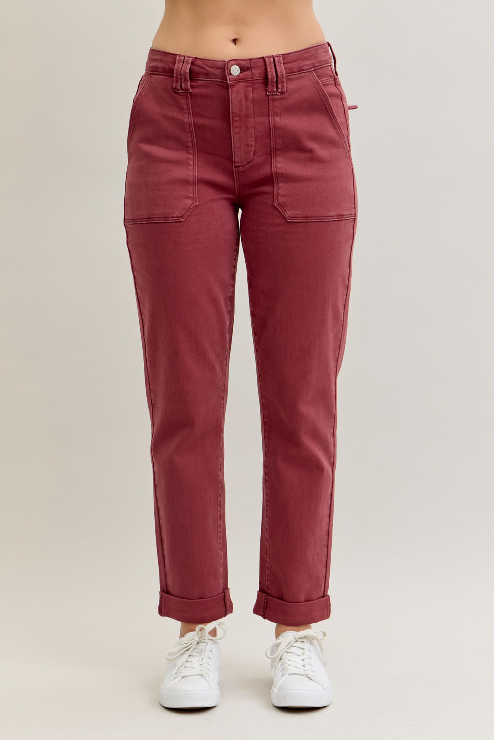 Judy Blue HW Aurora Weekender Jeans in rose with front patch pockets, cuffed hem. Available in sizes 0-24.