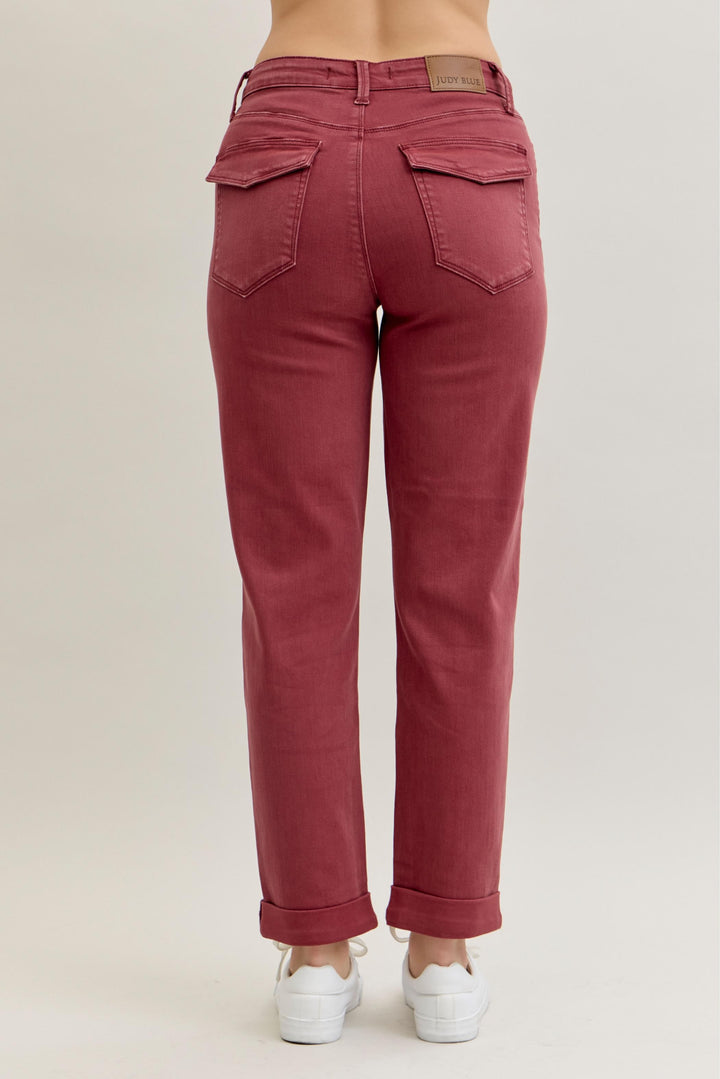 Back view of Judy Blue HW Aurora Weekender Jeans with cuffed hems. Available in sizes 24-32.