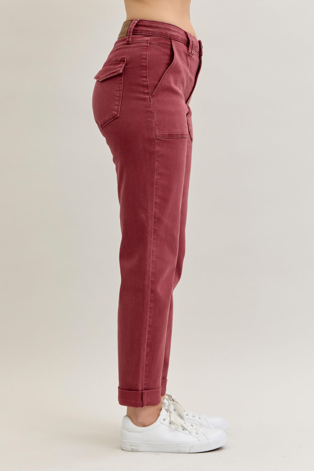 Judy Blue HW Aurora Weekender Jeans, high-waisted, rose-colored, front/back pockets, cuffed hems. Sizes: 0-24W.