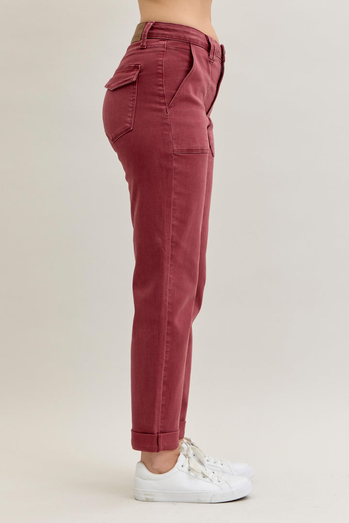 Judy Blue HW Aurora Weekender Jeans, high-waisted, rose-colored, front/back pockets, cuffed hems. Sizes: 0-24W.