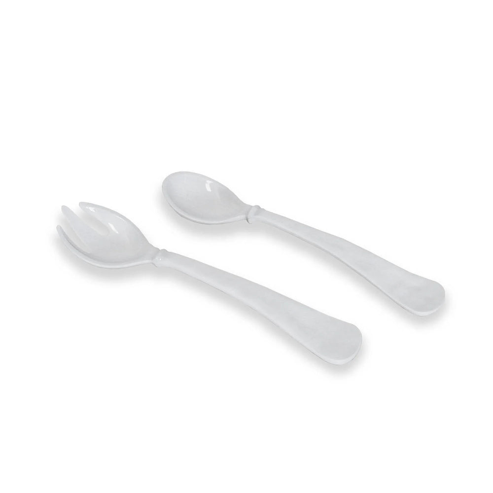 Clear plastic spoon and three-pronged spork with sleek handles. Available sizes: large, small.