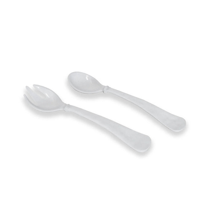 Clear plastic spoon and three-pronged spork with sleek handles. Available sizes: large, small.
