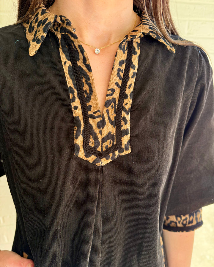 V-Neck Contrast Dress: black shift dress with leopard-print collar and sleeve cuffs. Sizes available.