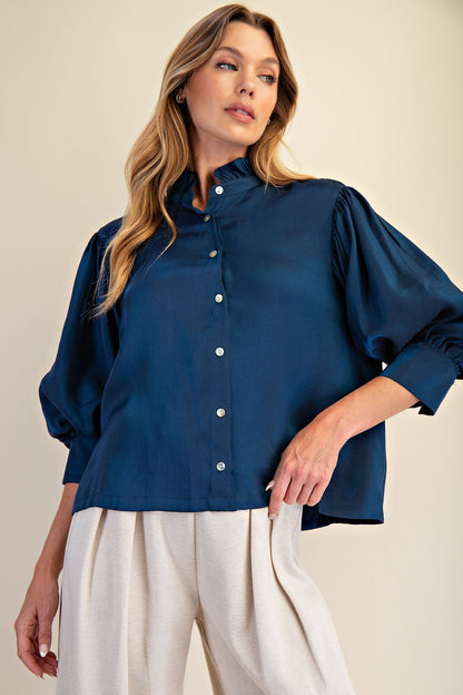 Peacock Blue Ruffle Neck Puff Sleeve Blouse. Available in sizes XS-XL.