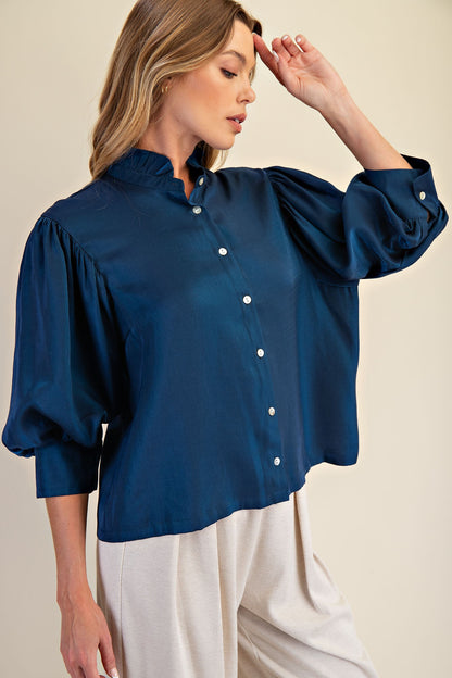 Loose-fitting Peacock Blue Ruffle Neck Puff Sleeve Blouse. Sizes: XS–XL.