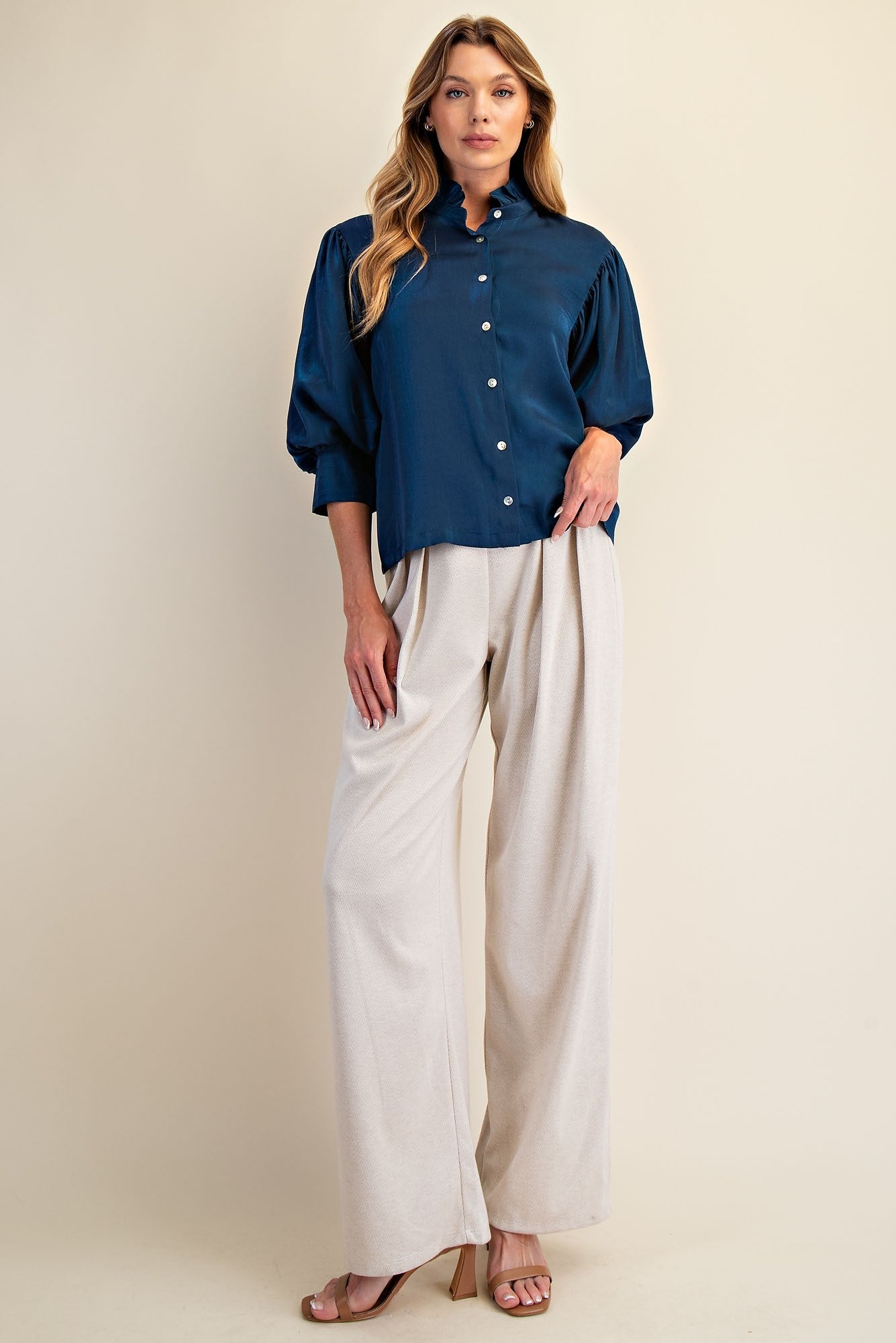 Peacock Blue Ruffle Neck Puff Sleeve Blouse. Sizes: XS-XL.