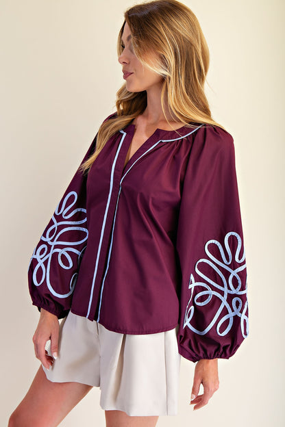 Veronica Soutache Detail Blouse: maroon, light blue embroidered balloon sleeves, white trim. Available in XS-XL.