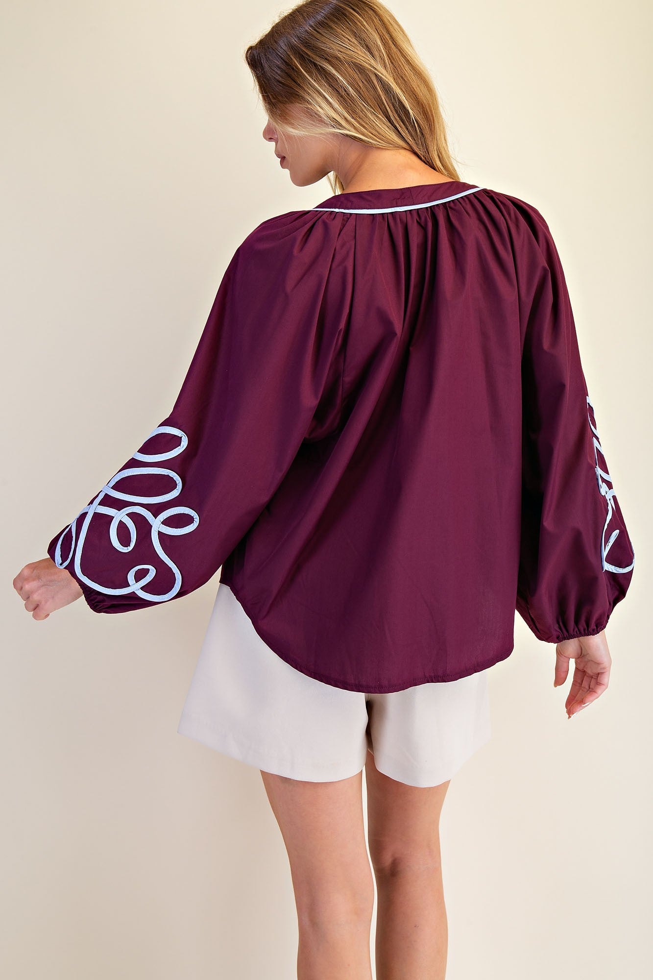 Veronica Soutache Detail Blouse: maroon, loose fit, balloon sleeves, white soutache accents. Available in sizes XS-XL.